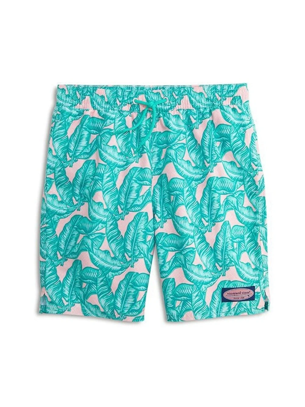 Vineyard Vines Teal Leaf Print Swim Shorts on Pink